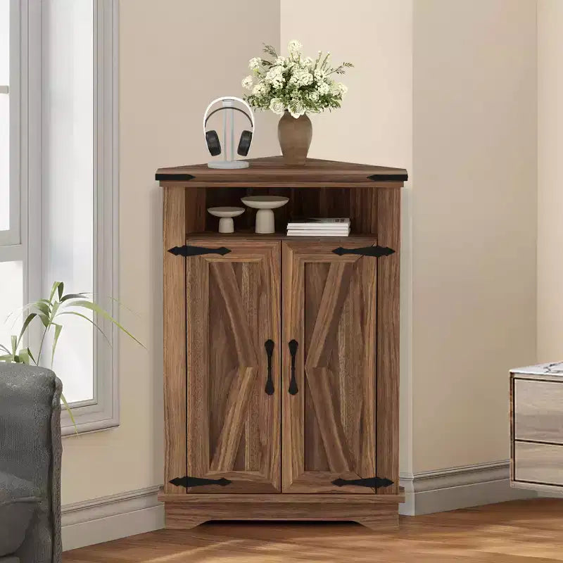 Corner Bathroom Cabinet, Small Corner Cabinet with Barn Doors and Adjustable Shelf, Farmhouse Bathroom Table for Small Spaces Kitchen Living Room