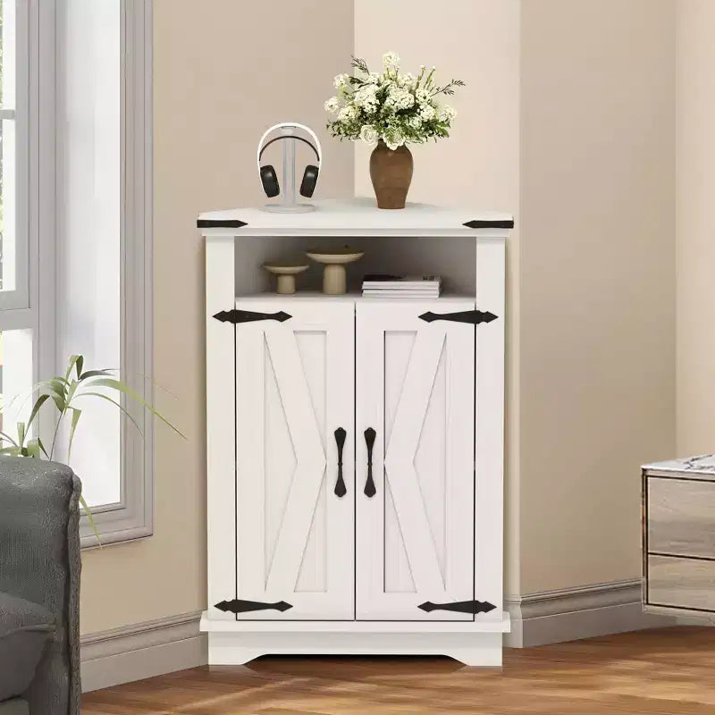 Mueble Esquinero de Baño, Mueble Esquinero Pequeño con Puertas Correderas y Estante Ajustable, Mesa de Baño Estilo Granja para Espacios Pequeños en Cocina o Sala de Estar