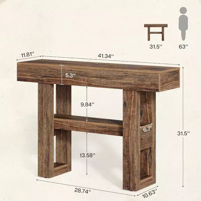 Mesa consola rústica de 41,34", mesa auxiliar estrecha de 2 niveles para detrás del sofá, con estantes de almacenamiento para sala de estar