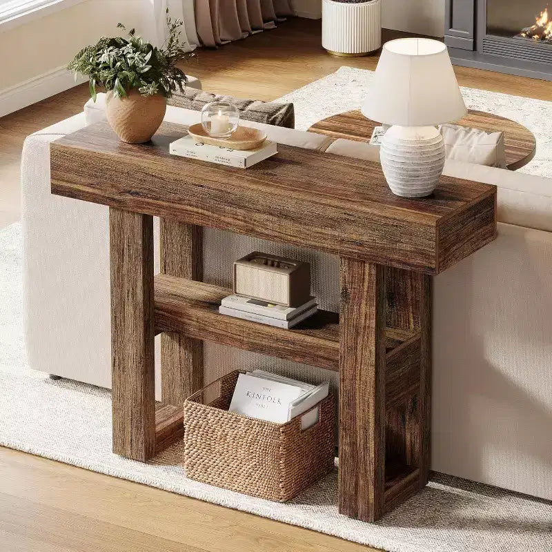 Mesa consola rústica de 41,34", mesa auxiliar estrecha de 2 niveles para detrás del sofá, con estantes de almacenamiento para sala de estar