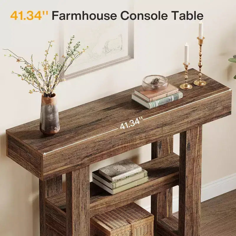 Mesa consola rústica de 41,34", mesa auxiliar estrecha de 2 niveles para detrás del sofá, con estantes de almacenamiento para sala de estar
