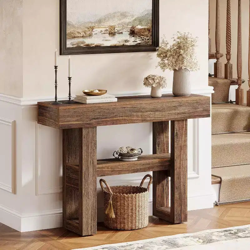 Mesa consola rústica de 41,34", mesa auxiliar estrecha de 2 niveles para detrás del sofá, con estantes de almacenamiento para sala de estar