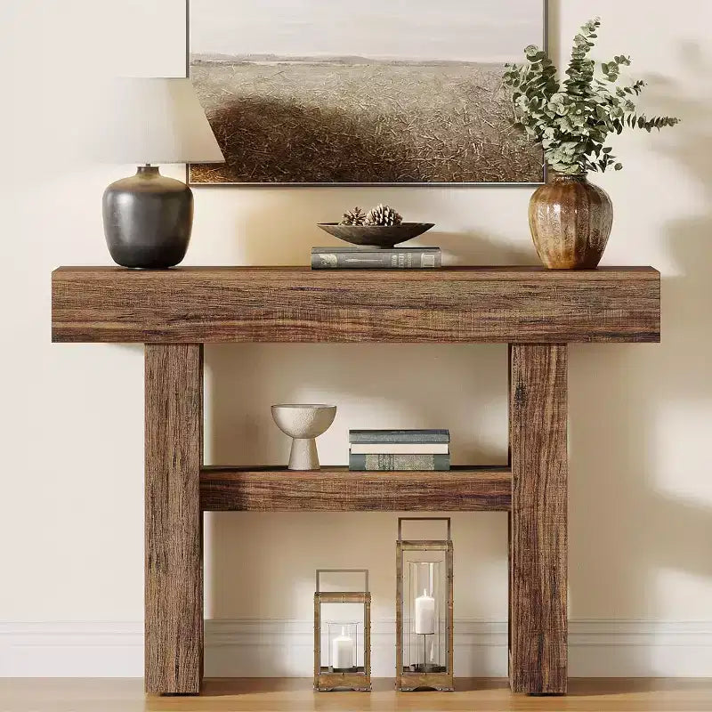 Mesa consola rústica de 41,34", mesa auxiliar estrecha de 2 niveles para detrás del sofá, con estantes de almacenamiento para sala de estar