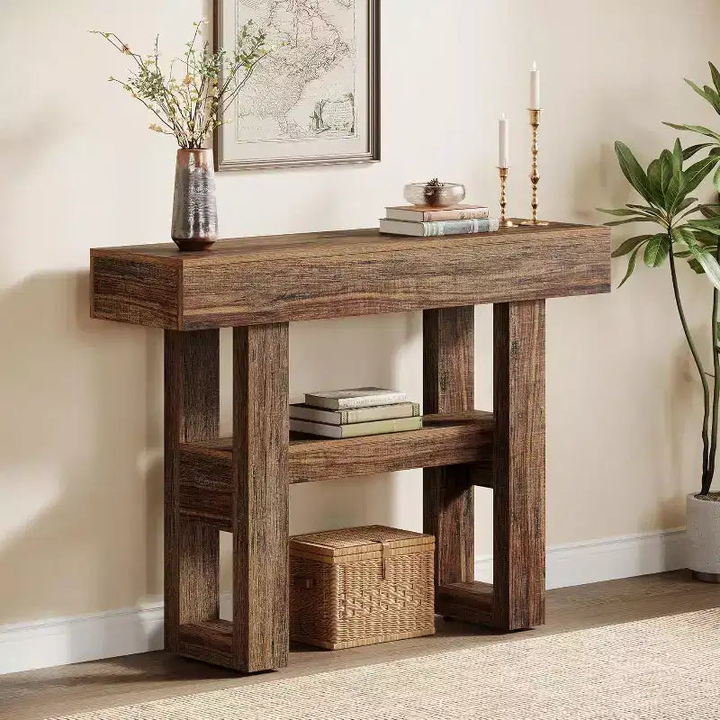 Mesa consola rústica de 41,34", mesa auxiliar estrecha de 2 niveles para detrás del sofá, con estantes de almacenamiento para sala de estar