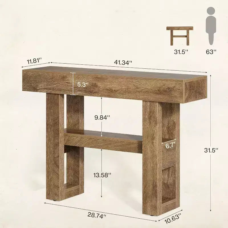Mesa consola rústica de 41,34", mesa auxiliar estrecha de 2 niveles para detrás del sofá, con estantes de almacenamiento para sala de estar