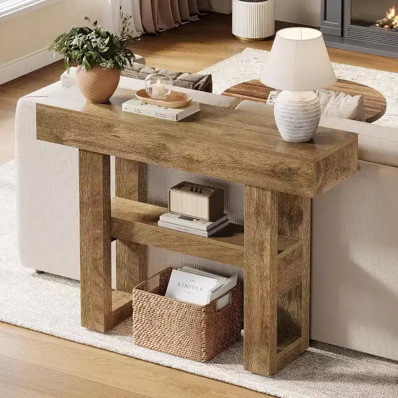 Mesa consola rústica de 41,34", mesa auxiliar estrecha de 2 niveles para detrás del sofá, con estantes de almacenamiento para sala de estar