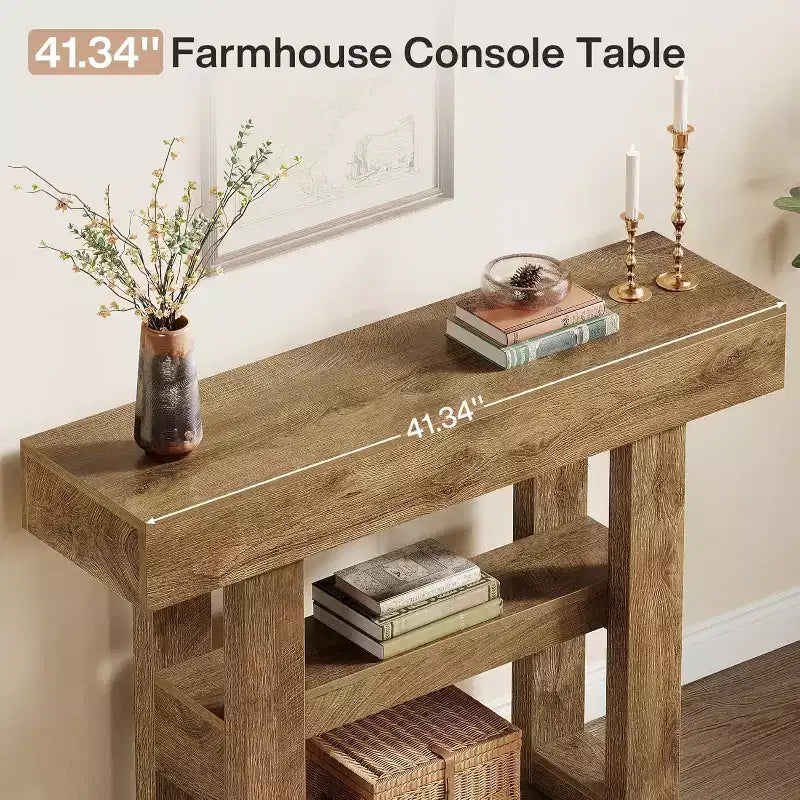 Mesa consola rústica de 41,34", mesa auxiliar estrecha de 2 niveles para detrás del sofá, con estantes de almacenamiento para sala de estar