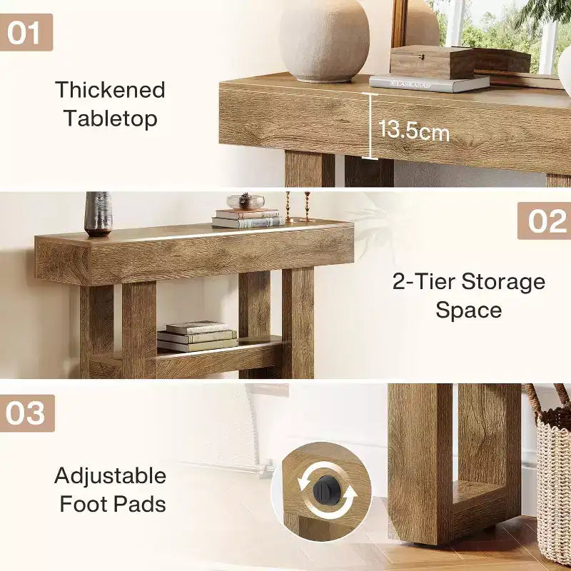 Mesa consola rústica de 41,34", mesa auxiliar estrecha de 2 niveles para detrás del sofá, con estantes de almacenamiento para sala de estar