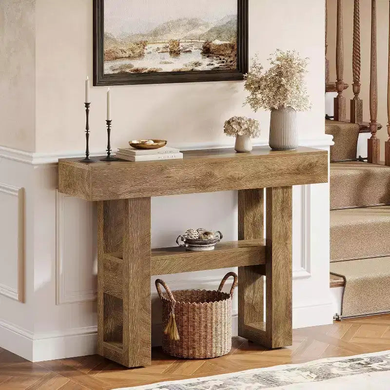 Mesa consola rústica de 41,34", mesa auxiliar estrecha de 2 niveles para detrás del sofá, con estantes de almacenamiento para sala de estar
