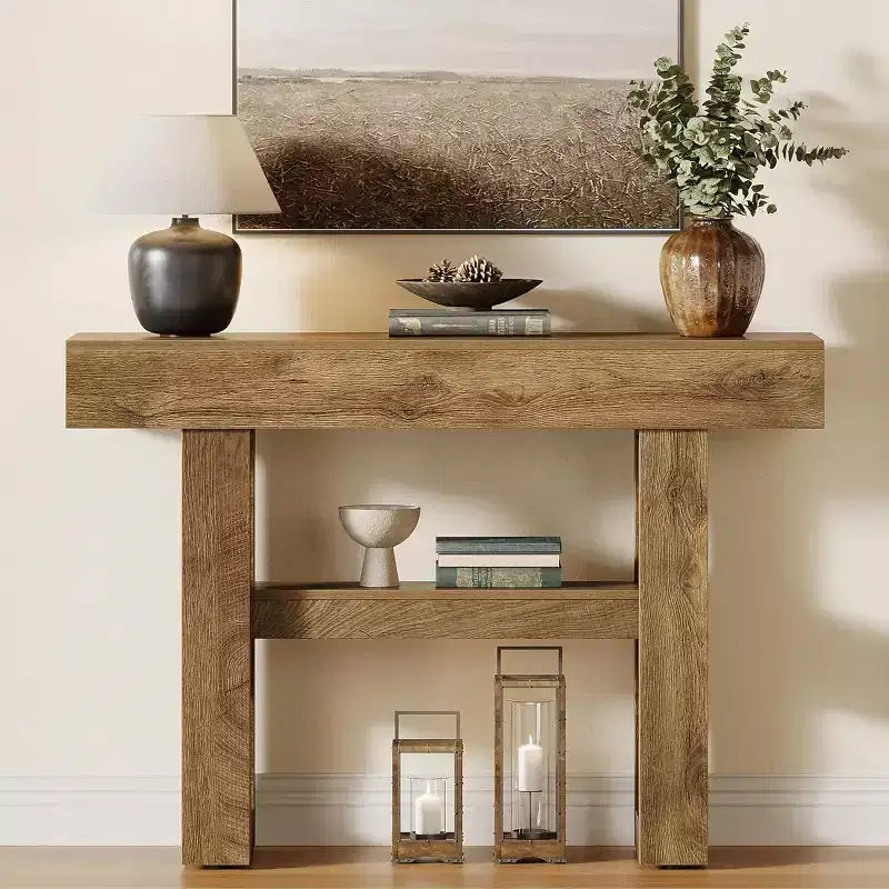 Mesa consola rústica de 41,34", mesa auxiliar estrecha de 2 niveles para detrás del sofá, con estantes de almacenamiento para sala de estar
