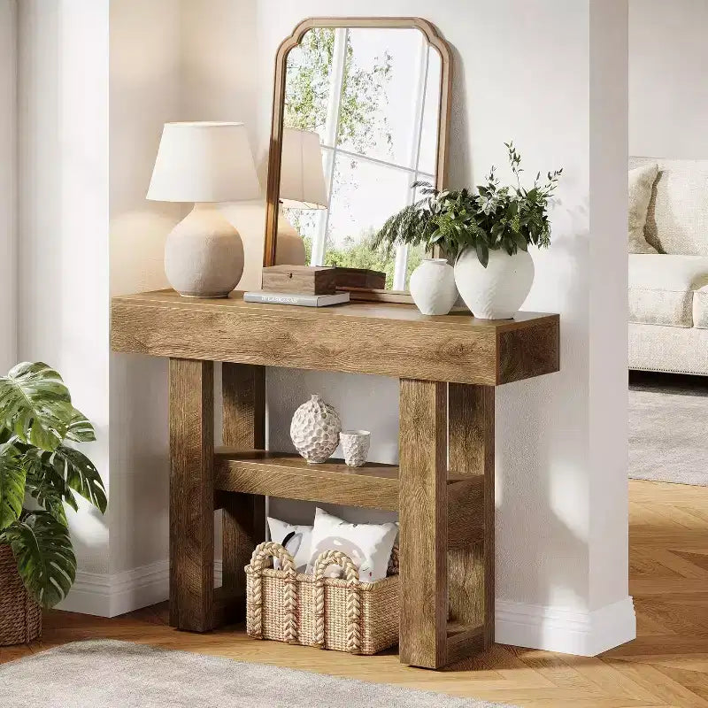 Mesa consola rústica de 41,34", mesa auxiliar estrecha de 2 niveles para detrás del sofá, con estantes de almacenamiento para sala de estar