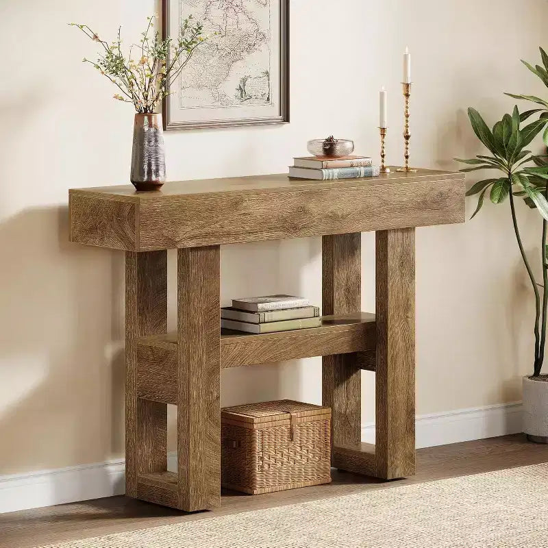 Mesa consola rústica de 41,34", mesa auxiliar estrecha de 2 niveles para detrás del sofá, con estantes de almacenamiento para sala de estar
