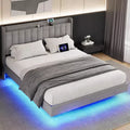 King Floating Bed Frame with Charging Station and Storage Headboard, Upholstered Platform King Size Bed Frame with LED Lights