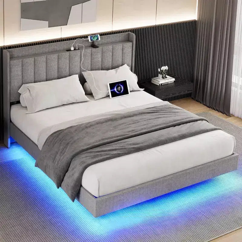King Floating Bed Frame with Charging Station and Storage Headboard, Upholstered Platform King Size Bed Frame with LED Lights