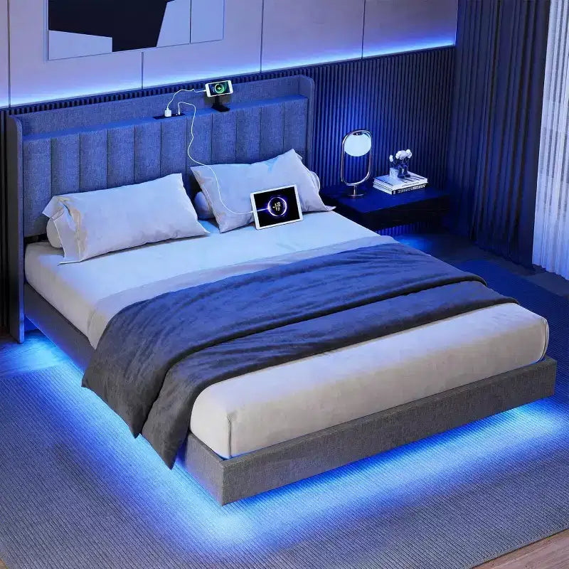 Base de cama King flotante con estación de carga y cabecero con almacenamiento, base de cama King size tapizada con plataforma y luces LED