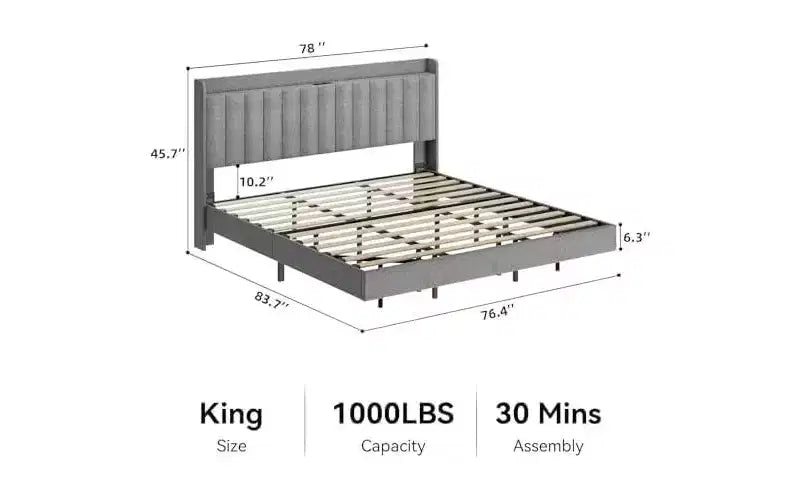 Base de cama King flotante con estación de carga y cabecero con almacenamiento, base de cama King size tapizada con plataforma y luces LED