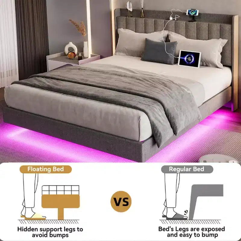 Base de cama King flotante con estación de carga y cabecero con almacenamiento, base de cama King size tapizada con plataforma y luces LED