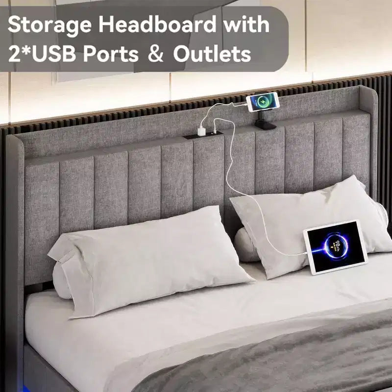 Base de cama King flotante con estación de carga y cabecero con almacenamiento, base de cama King size tapizada con plataforma y luces LED