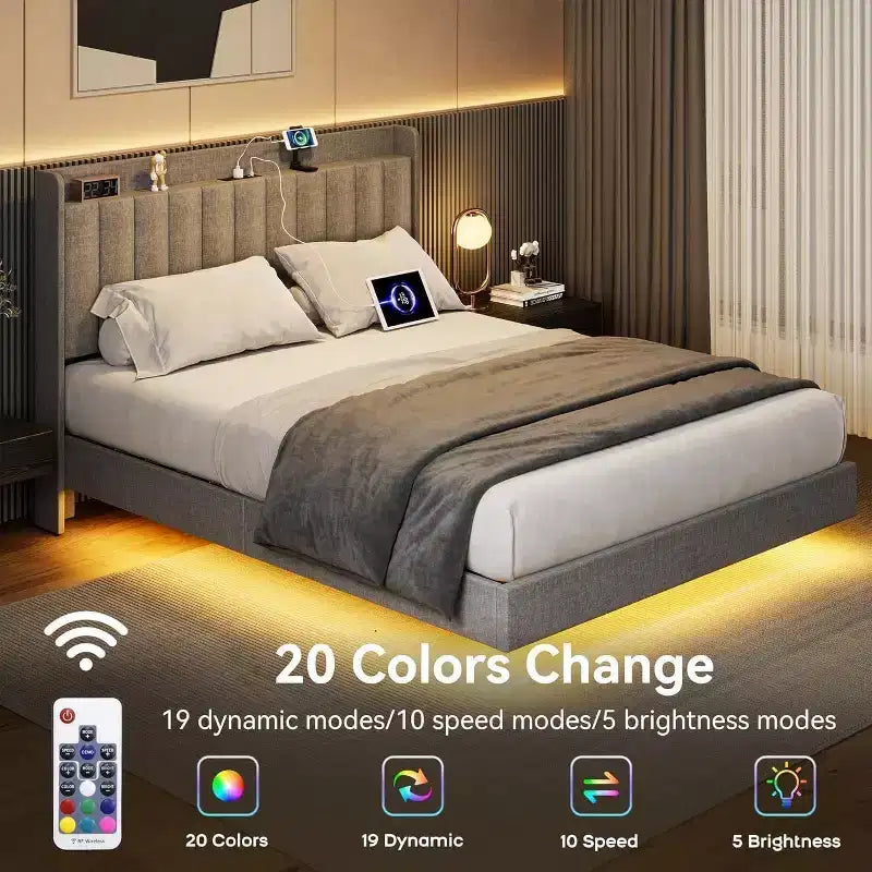 Base de cama King flotante con estación de carga y cabecero con almacenamiento, base de cama King size tapizada con plataforma y luces LED