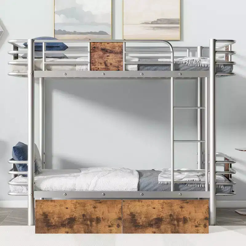 Litera de metal Twin XL sobre Twin XL con 2 cajones, estructura de acero de alta resistencia para niños, adolescentes y adultos