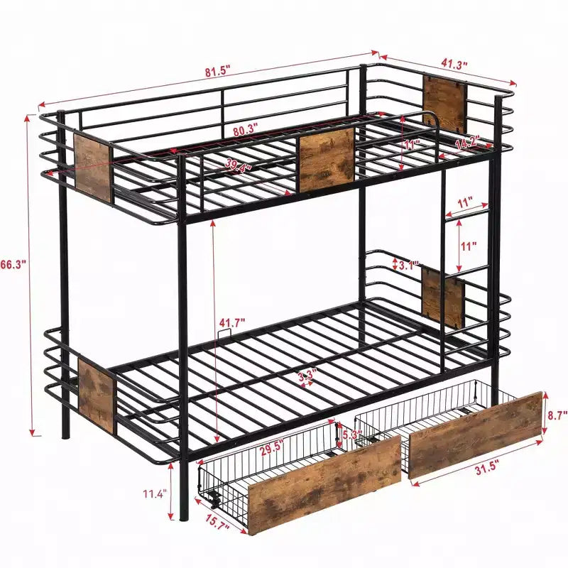 Litera de metal Twin XL sobre Twin XL con 2 cajones, estructura de acero de alta resistencia para niños, adolescentes y adultos