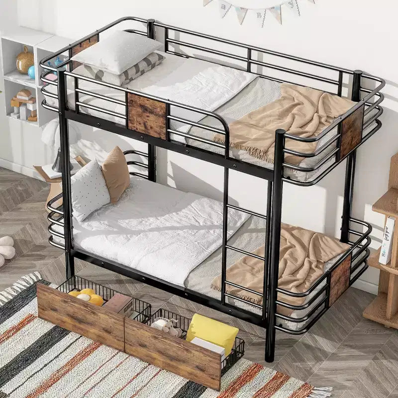 Litera de metal Twin XL sobre Twin XL con 2 cajones, estructura de acero de alta resistencia para niños, adolescentes y adultos