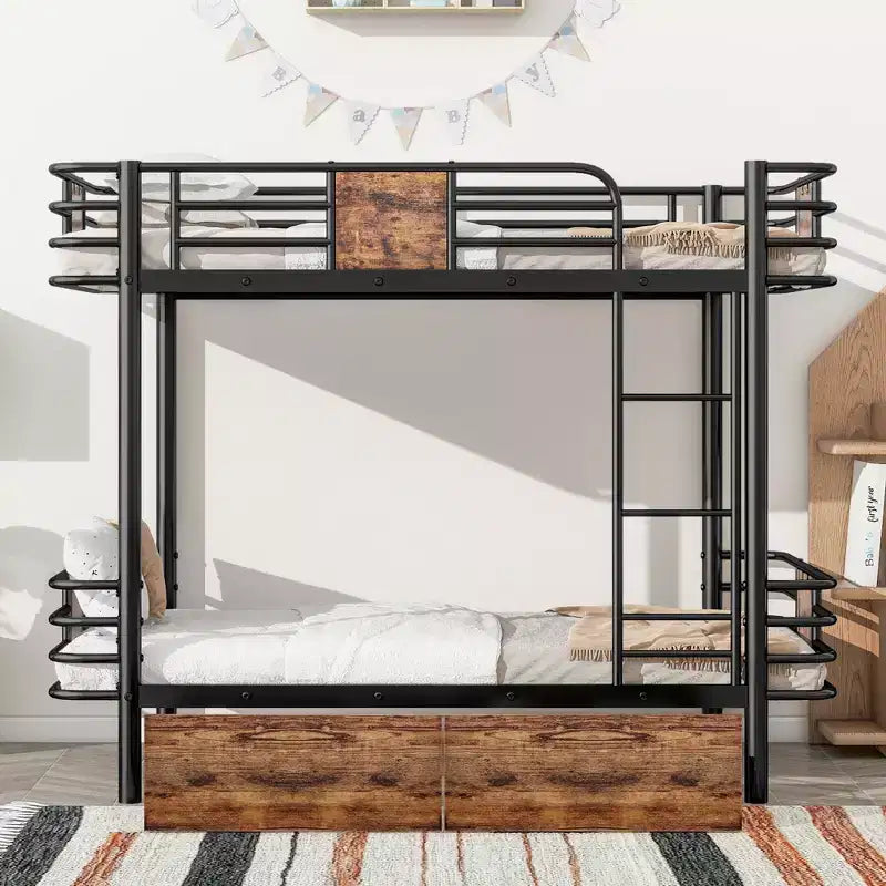 Litera de metal Twin XL sobre Twin XL con 2 cajones, estructura de acero de alta resistencia para niños, adolescentes y adultos