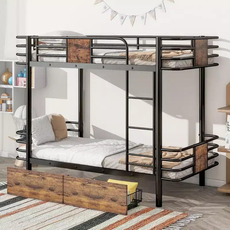 Twin XL over Twin XL Metal Bunk Bed Frame with 2 Drawers, Heavy-Duty Steel Frame Bunk Bed for Kids Teens Adult