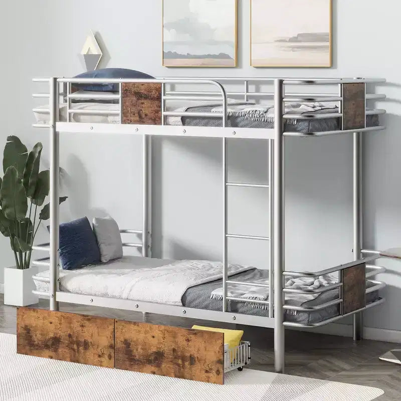 Litera de metal Twin XL sobre Twin XL con 2 cajones, estructura de acero de alta resistencia para niños, adolescentes y adultos