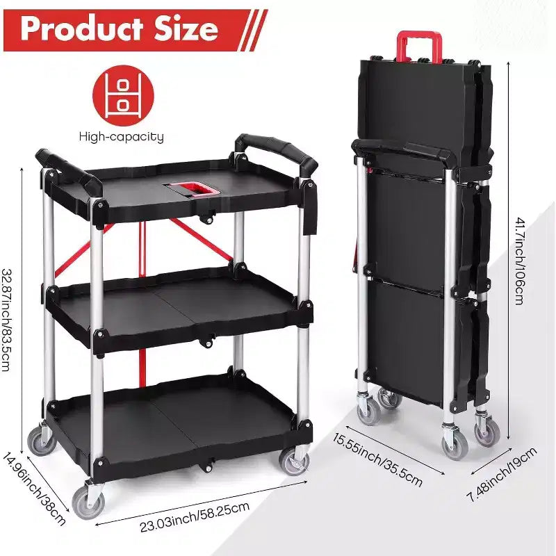 Carro de utilidad plegable de alta resistencia de 176 libras, carrito de servicio plegable con ruedas giratorias de 360° y mango ergonómico rojo