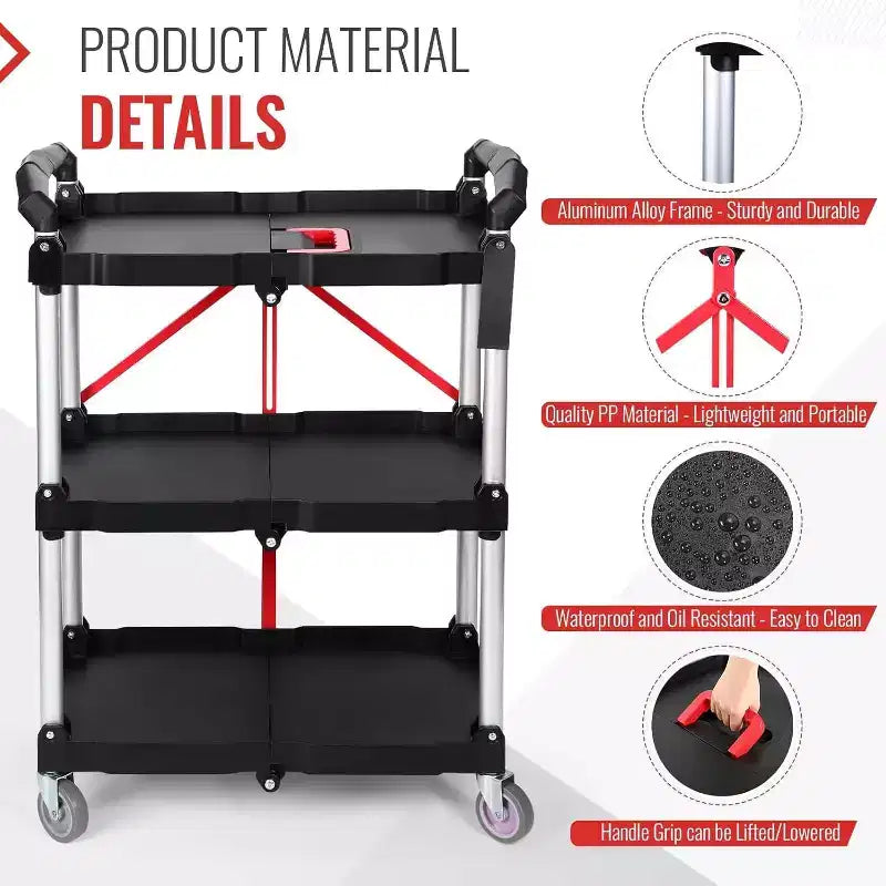 Carro de utilidad plegable de alta resistencia de 176 libras, carrito de servicio plegable con ruedas giratorias de 360° y mango ergonómico rojo