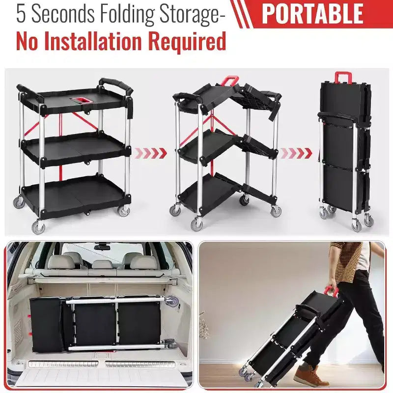 Carro de utilidad plegable de alta resistencia de 176 libras, carrito de servicio plegable con ruedas giratorias de 360° y mango ergonómico rojo