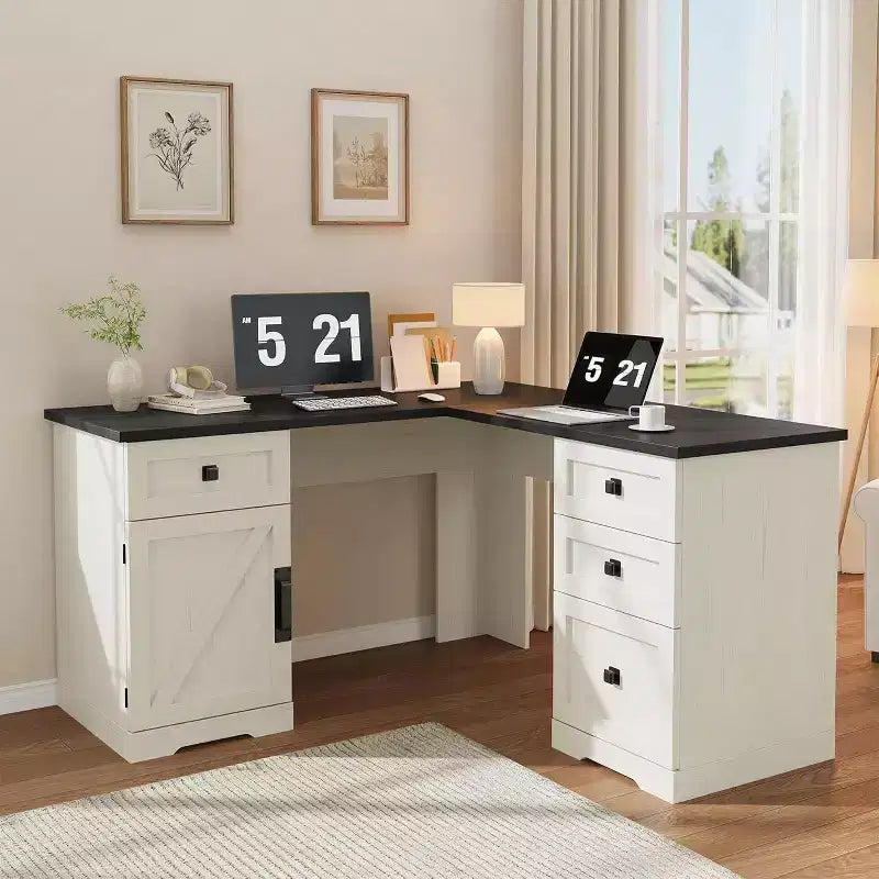 60 L-Shaped Farmhouse Desk - File Drawers & Storage Cabinet, Corner Computer Desk for Home Office