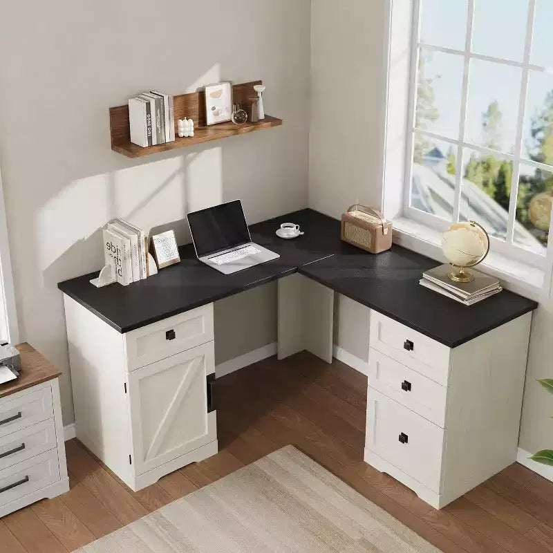 Escritorio de granja en forma de L de 60" - Cajones para archivos y gabinete de almacenamiento, escritorio de esquina para computadora para oficina en casa
