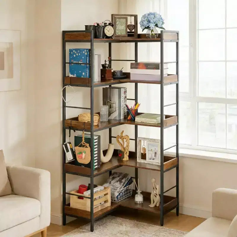 5-Tier Industrial Bookshelf with Metal Frame, Open Shelves, 4 Hooks, Reversible Corner Design  Wooden Bookcase for Living Room, Bedroom