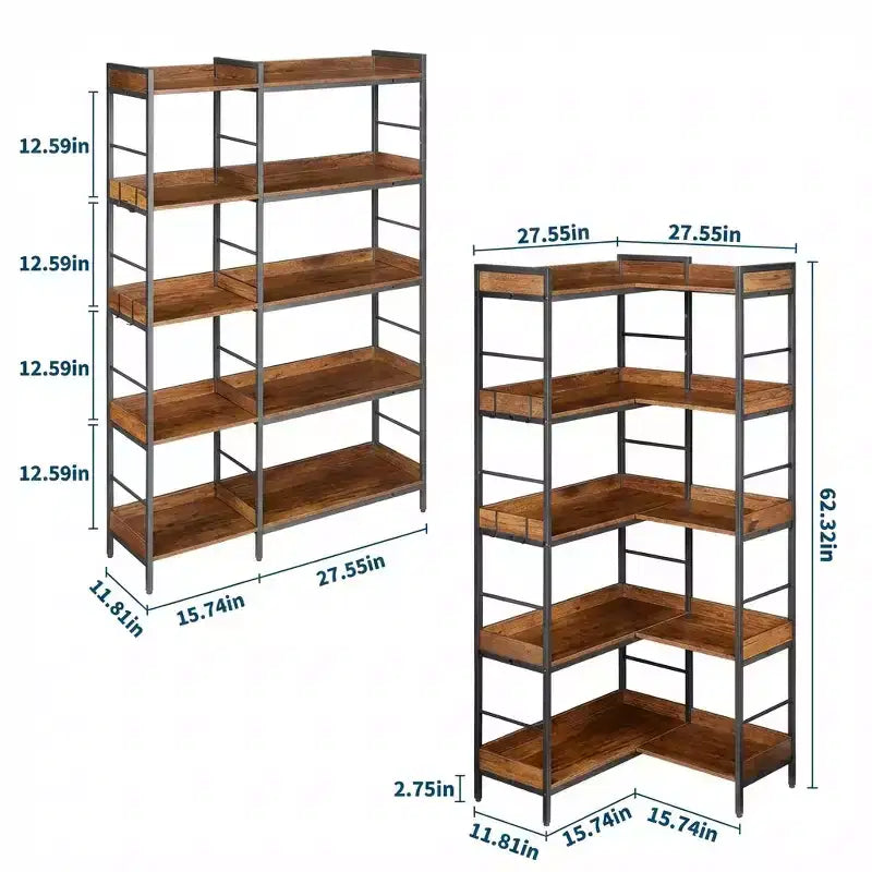 Estantería industrial de 5 niveles con estructura de metal, estantes abiertos, 4 ganchos, diseño de esquina reversible Estantería de madera para sala de estar, dormitorio