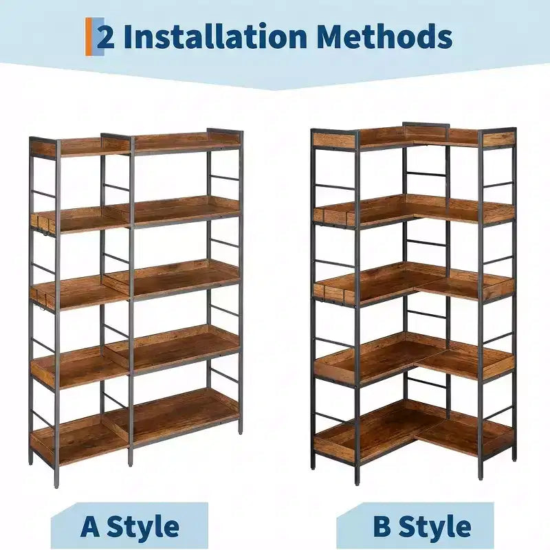 Estantería industrial de 5 niveles con estructura de metal, estantes abiertos, 4 ganchos, diseño de esquina reversible Estantería de madera para sala de estar, dormitorio