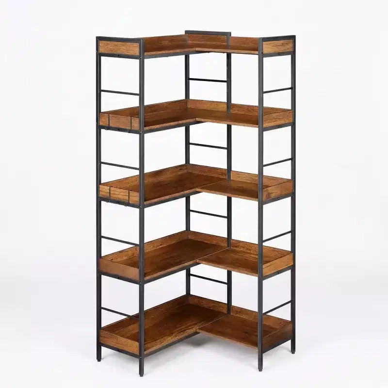 Estantería industrial de 5 niveles con estructura de metal, estantes abiertos, 4 ganchos, diseño de esquina reversible Estantería de madera para sala de estar, dormitorio