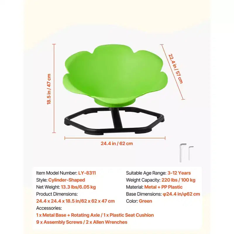 Silla giratoria infantil, 100 kg de capacidad, silla sensorial giratoria de forma cilíndrica con base metálica antideslizante, asiento giratorio para niños pequeños, verde