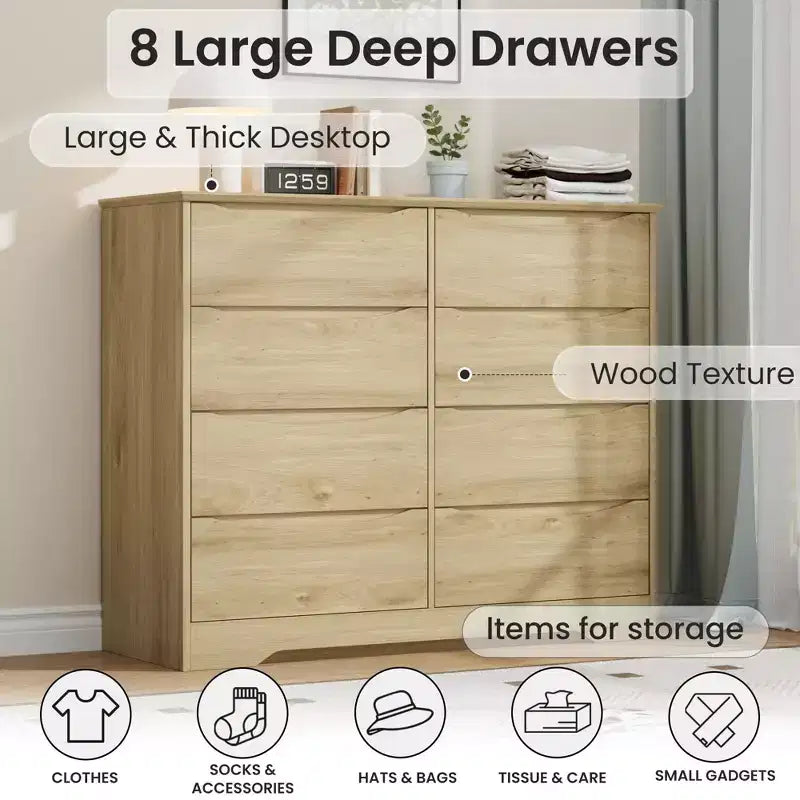 Cómoda de madera con 8 cajones, armario moderno con almacenamiento profundo, cómoda grande, cómoda de almacenamiento larga para dormitorio, sala de estar, pasillo