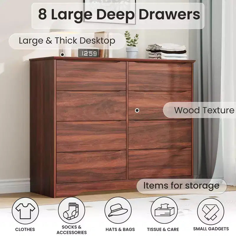 Cómoda de madera con 8 cajones, armario moderno con almacenamiento profundo, cómoda grande, cómoda de almacenamiento larga para dormitorio, sala de estar, pasillo