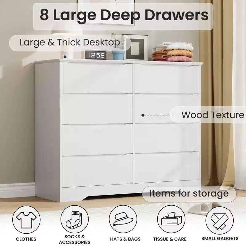 Cómoda de madera con 8 cajones, armario moderno con almacenamiento profundo, cómoda grande, cómoda de almacenamiento larga para dormitorio, sala de estar, pasillo