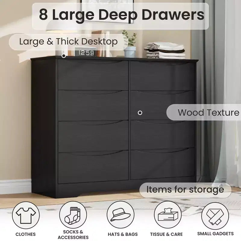 Cómoda de madera con 8 cajones, armario moderno con almacenamiento profundo, cómoda grande, cómoda de almacenamiento larga para dormitorio, sala de estar, pasillo