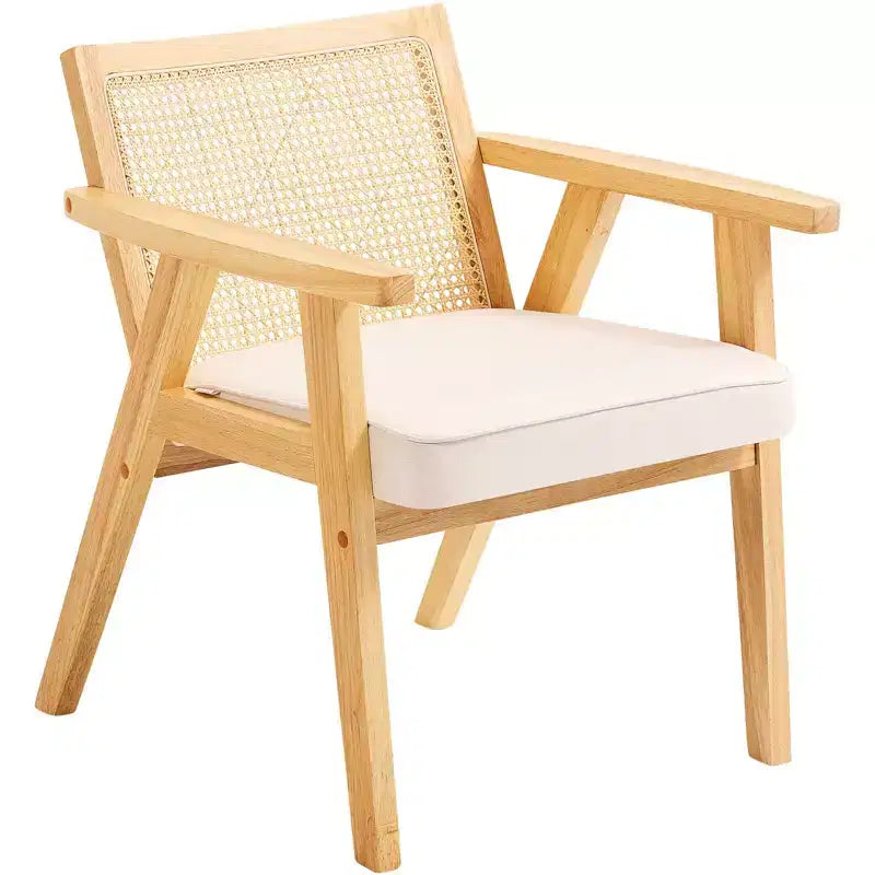Mid Century Modern Rattan Accent Chair with Velvet Cushion and Solid Wood Frame Beige