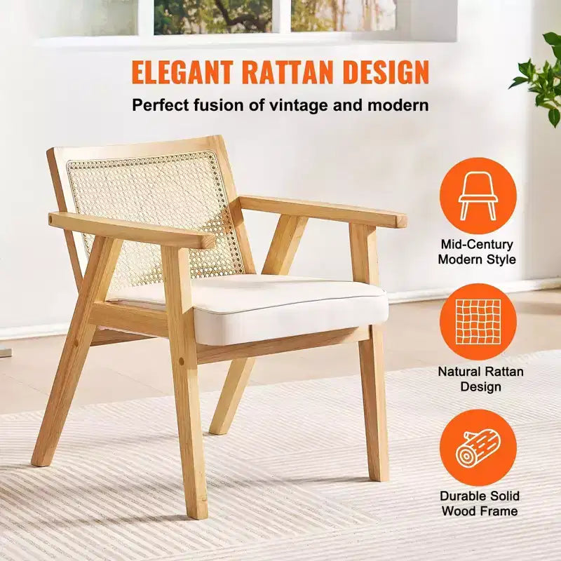 Sillón Acento Rattan Mid Century Modern con Cojín de Terciopelo y Marco de Madera Maciza Beige
