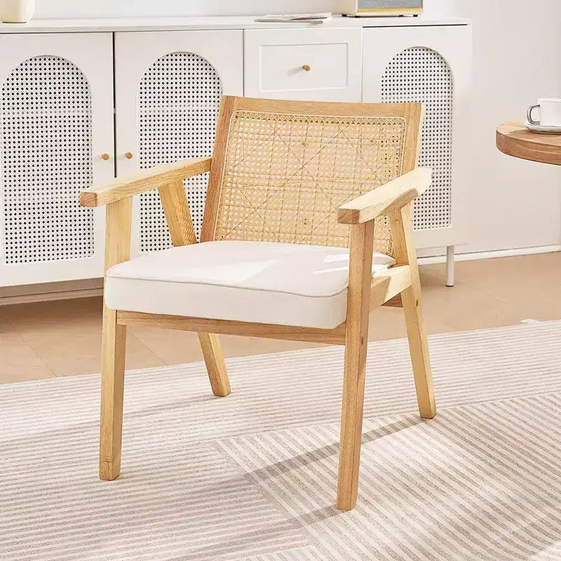 Sillón Acento Rattan Mid Century Modern con Cojín de Terciopelo y Marco de Madera Maciza Beige