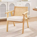 Sillón Acento Rattan Mid Century Modern con Cojín de Terciopelo y Marco de Madera Maciza Beige