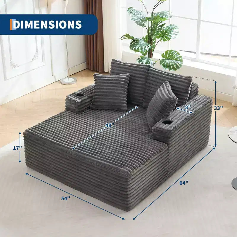 Sofá diván de pana extragrande de 64 pulgadas, sofá cama "Boneless" con portavasos y 2 almohadas, no requiere montaje
