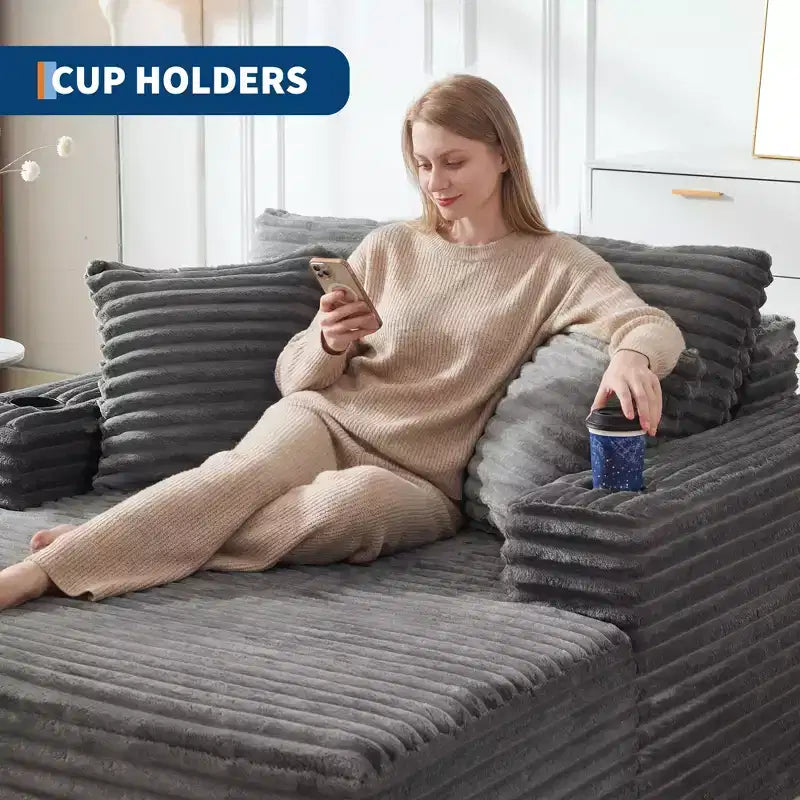 Sofá diván de pana extragrande de 64 pulgadas, sofá cama "Boneless" con portavasos y 2 almohadas, no requiere montaje