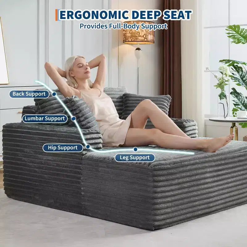 Sofá diván de pana extragrande de 64 pulgadas, sofá cama "Boneless" con portavasos y 2 almohadas, no requiere montaje